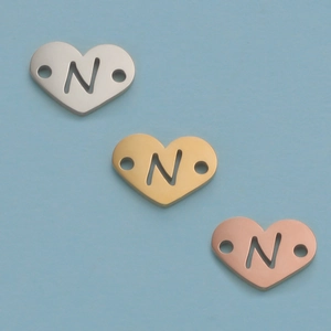 Three 12mm stainless steel heart pendants with hollow letter N and dual connector holes