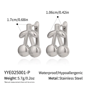 Silver cherry earrings size guide showing dimensions 1.7cm height and stainless steel info