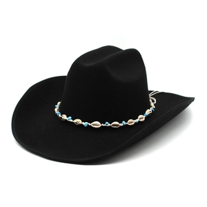 Classic black felt cowboy hat with wide brim featuring shell and turquoise bead band