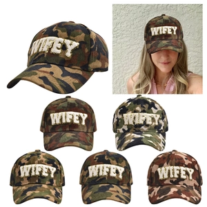 Wifey Letter Patch Camouflage Corduroy Baseball Cap Chenille Embroidery Gold Sequin Trim Adjustable Sun Hat Women