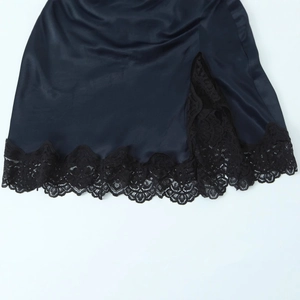 Black satin mini dress featuring delicate lace trim and smooth silky texture finish