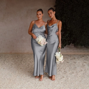 Detail showing the silky satin texture and elegant drape of the grey slip maxi dress