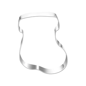 Detailed view of silver stainless steel Christmas stocking cookie cutter with metallic finish