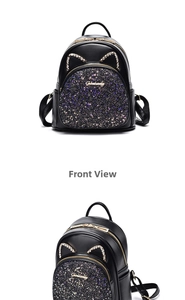 Detail of black cat-ear backpack with purple sequin pocket and gold metal logo
