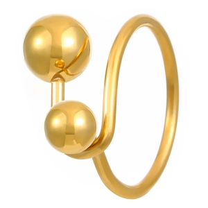 Polished gold stainless steel open ring featuring minimalist double spherical accents