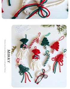 Detail of handcrafted macramé Christmas ornaments with Santa, tree, and candy cane shapes