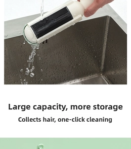 Waterproof pet hair remover brush being rinsed under tap for easy one-click cleaning