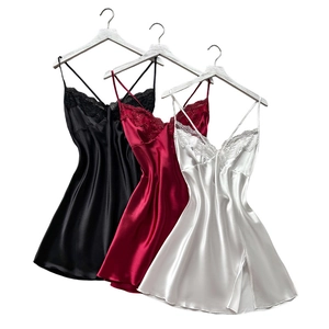 Three elegant satin nightgowns with delicate eyelash lace in black, burgundy and cream