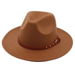 Classic brown wool fedora hat with leather band and gold rivet detail on white background