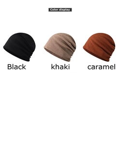 Detailed color display of ribbed knit beanies in black, khaki, and caramel colors