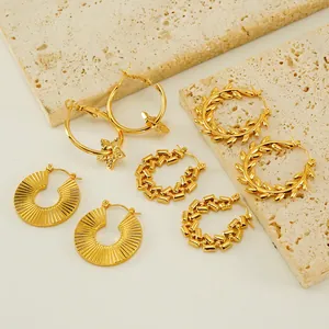 Hoop Earrings Stainless Steel 18K Gold Plated Geometric Textured Retro French Luxury Hollow Fashion Accessory For Women