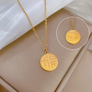 Minimalist gold titanium steel necklace with double-sided Fu and Xi character pendants