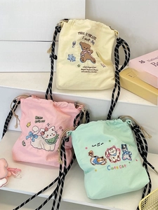 Cute macaron canvas bucket bags with cartoon animal embroidery and woven straps
