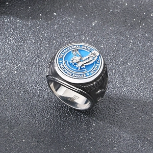 Men's stainless steel signet ring with blue enamel eagle and vintage eagle crest