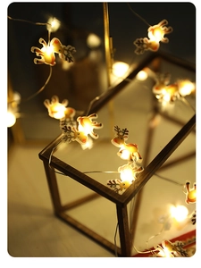 Close-up of reindeer shaped LED copper wire string lights with warm yellow glow