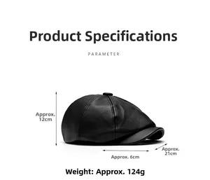 Detailed view of leather newsboy hat dimensions with texture and parameter specs