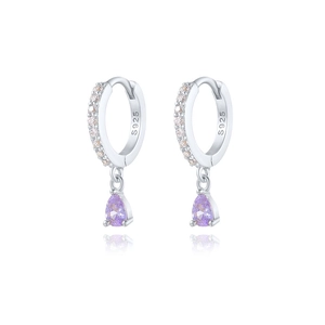 Close-up of S925 silver hoop earrings with purple teardrop zircon and white pavé stones