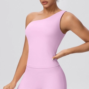 Pink one-shoulder yoga top and high-waist leggings set for fitness and gym wear
