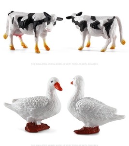 Detailed views of miniature cow and goose models with realistic animal textures