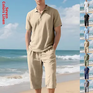 Close-up of lightweight linen texture on a casual men's summer polo and shorts set