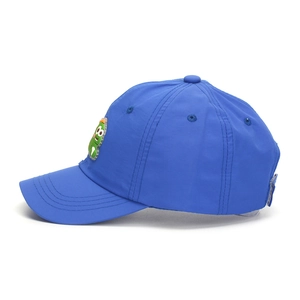 Detail of blue quick-dry kids baseball cap with cute cartoon dinosaur patch and breathable eyelets