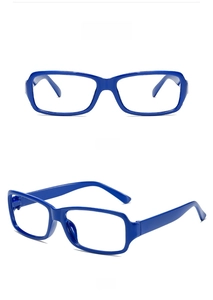 Front and 45-degree angle view of vintage navy blue rectangular full-rim glasses frames