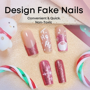 Christmas press-on nails featuring Santa, glitter pink finish and snowflake designs