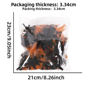 Halloween black and orange tinsel garland packaging dimensions 23cm by 21cm shown on white