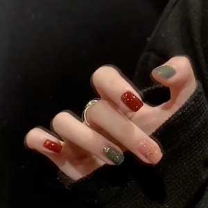 Press On Nails Emerald Green Dark Red Glossy Short Square Round Artificial Fake Finger Nails Gold Foil Glitter Christmas