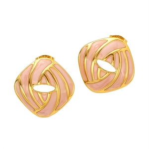 Irregular geometric gold stainless steel earrings with pink enamel finish for women