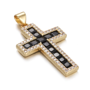 Elegant gold cross pendant necklace featuring black square zircon and clear pavé stones