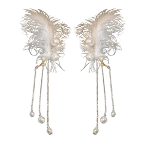 Elegant feather pearl tassel ear clips with golden alloy and sparkling rhinestones