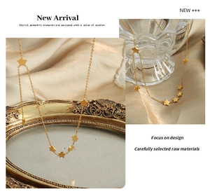 Detail of gold star pendants on a delicate titanium chain with a polished finish