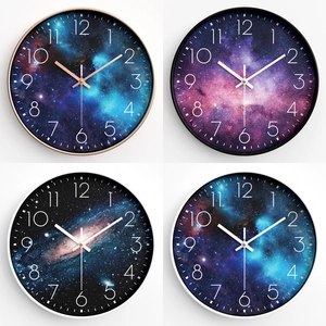 Wall Clock Starry Sky Galaxy Pattern Silent Non Ticking Decorative Round Quartz Plastic Frame Glass Cover For Home Office
