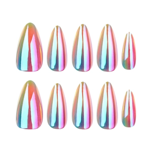 Iridescent holographic chrome almond press-on nails set on white background