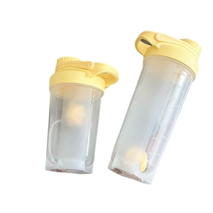 Portable yellow shaker bottle set with scales for fitness shakes and protein powder