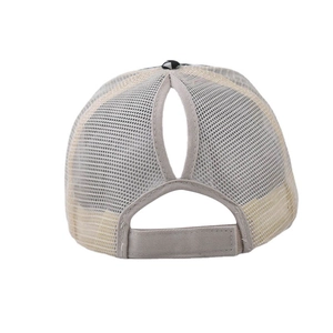 Women's ponytail mesh baseball cap in beige grey featuring rear opening and velcro closure