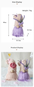 Detailed view of pink and purple plush Valentine gnomes with rose and lavender decor