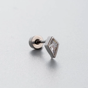 Silver titanium steel rhombus zircon stud earring with screw back on grey background
