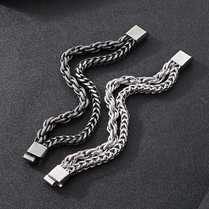 Mens double layered stainless steel curb chain bracelet in silver and gun black finish