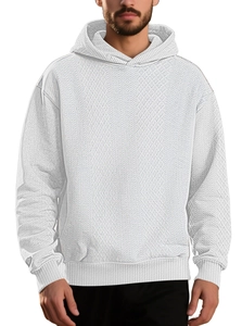 Men's white long sleeve hoodie with unique textured diamond knit fabric detail
