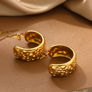 Hammered 14K gold-plated stainless steel C-shape wide stud earrings for women
