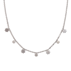 Elegant silver stainless steel necklace featuring seven minimalist daisy flower pendants