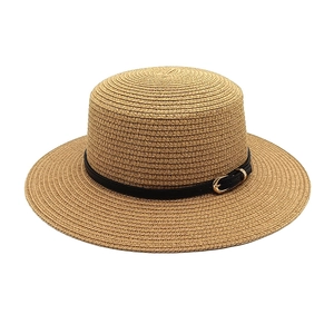 Classic flat top straw hat with natural weave and black leather band with metal buckle