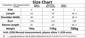 Size chart for brown faux fur jacket with length, shoulder, chest, and sleeve measurements