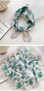 Floral cotton linen neck scarf with elegant lavender and mint print texture detail