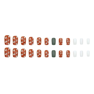Vintage olive green and brick red press-on nails with small floral patterns, 24pcs set