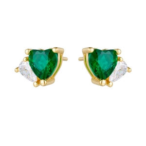 Minimalist silver heart stud earrings with emerald green and white teardrop zircons