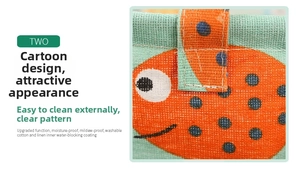 Detail of fabric laundry basket showing moisture-proof coating and fish pattern