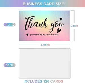Macro view of holographic gradient thank you cards showing front design and blank back